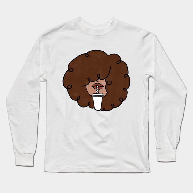 Pepette with a straw Beautiful Black Woman Drinking in a Travel Mug Cute Coffee Dates Coffee Espresso Cappuccino Latte Macchiato Coffee with Milk Cute Black Woman with Afro Hair Natural Hair Curly Hair Perfect Coffee Lover Gift for African American Long Sleeve T-Shirt by nathalieaynie